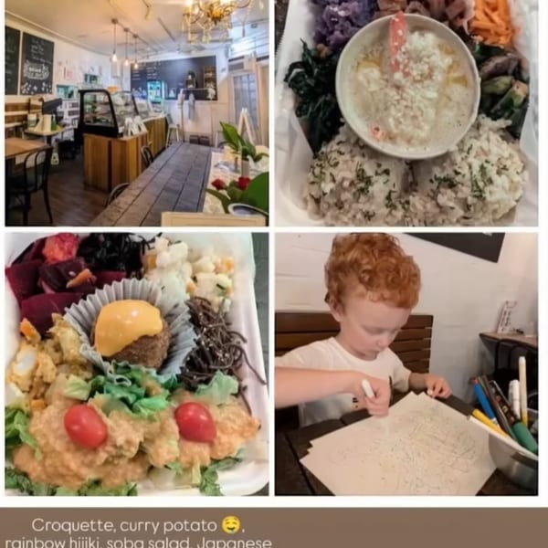 Collage of Kaimana Farm Cafe interior, healthy meals, and a child drawing at a table.