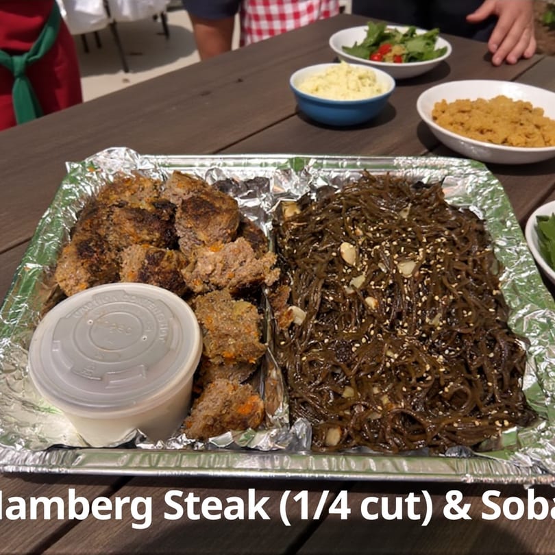 Kaimana Farm Cafe's healthy Hamburg Steak and Soba, with sides of salad and mashed potatoes.