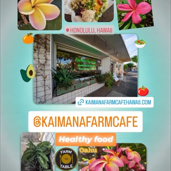 Exterior of Kaimana Farm Cafe in Honolulu, Hawaii, with plants outside and green signage.